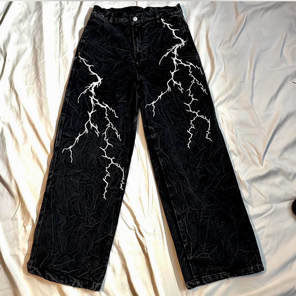 Black Baggy Jeans with White Lightning Design